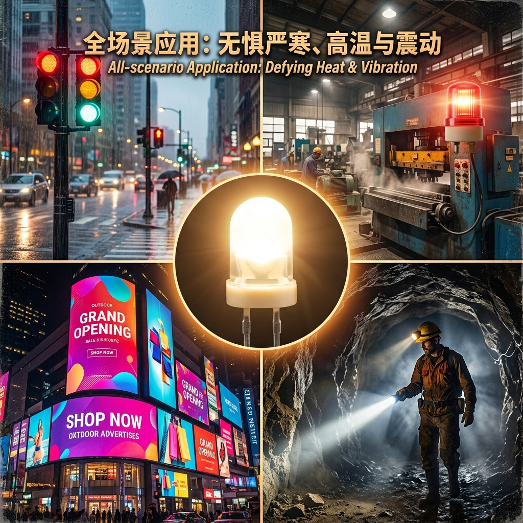 直插式陶瓷灯珠在恶劣环境下的多种应用场景，包括交通信号灯、工厂指示灯、户外广告牌和特种手电筒