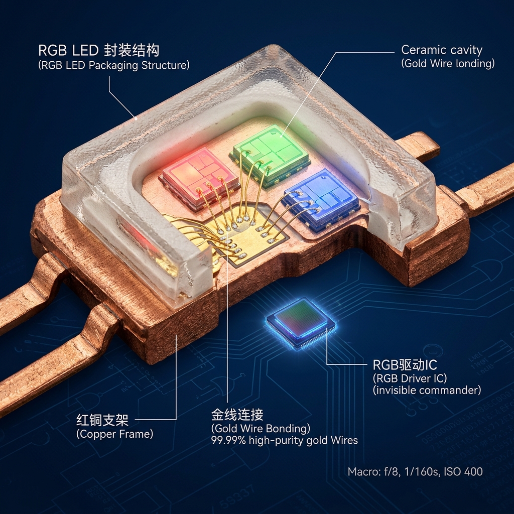 RGB LED灯珠的内部封装结构图，展示了红、绿、蓝三种晶片、红铜支架、金线连接以及背景中象征控制核心的驱动芯片。