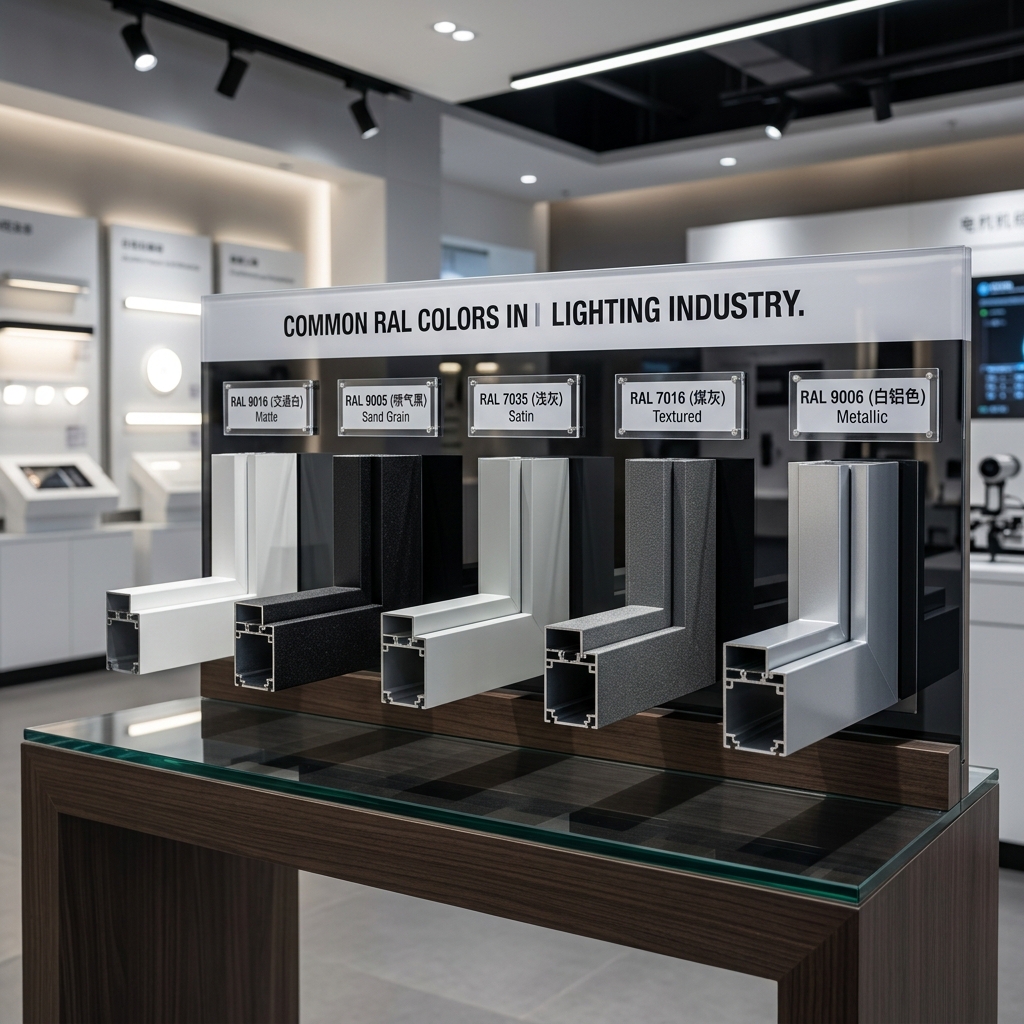 并排展示五种常见的RAL色号铝型材样品，包括RAL 9016交通白、RAL 9005喷气黑、RAL 7035浅灰、RAL 7016煤灰和RAL 9006白铝色，体现不同表面工艺的视觉效果。