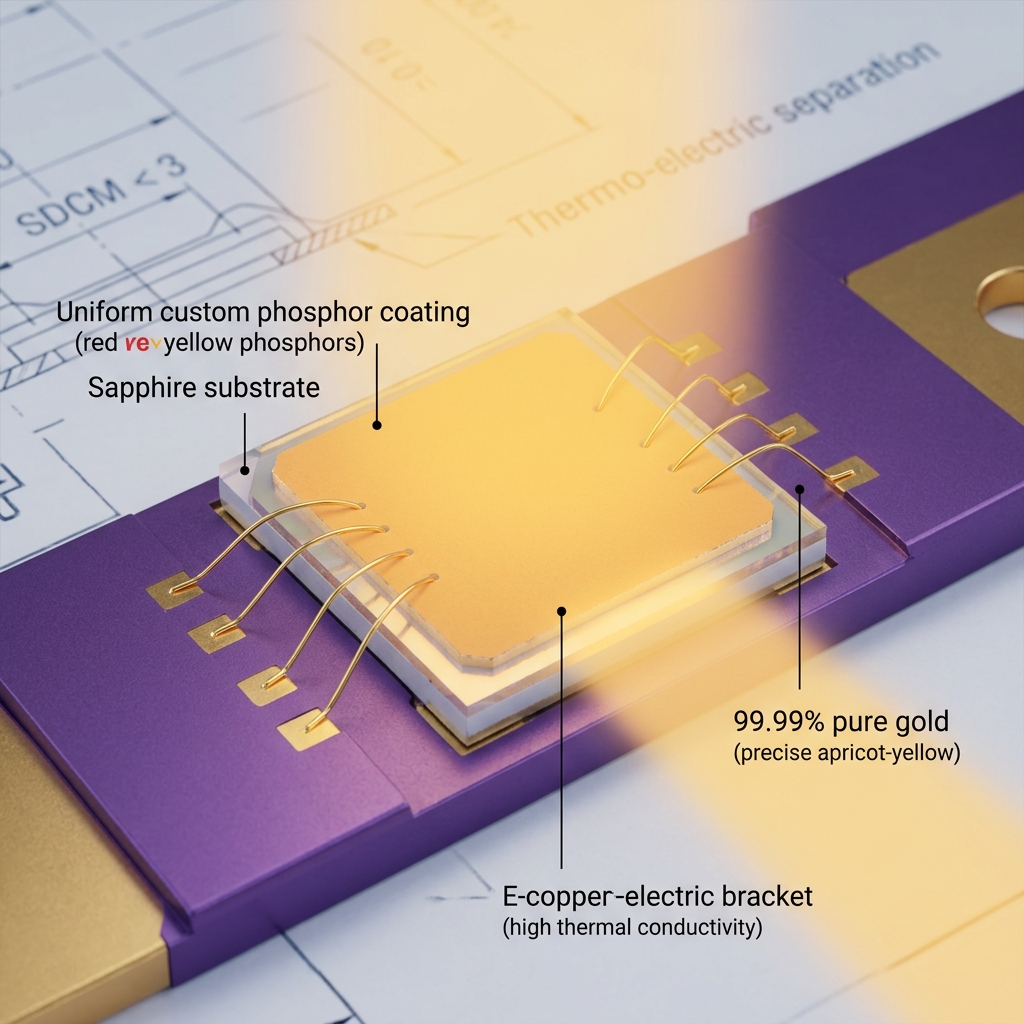 一张展示LED底层封装技术的工业级微距摄影或3D渲染图。画面核心是一个高品质的LED芯片（蓝宝石基板可见），其上方覆盖着均匀的定制荧光粉涂层（红粉与黄粉的混合比例感）。微小的99.99%纯金线连接着芯片与高导热的紫铜支架。芯片正激发出rgb(234, 187, 109)所代表的精准浅金黄色光束。背景中带有一张虚化的技术图纸，标注着‘SDCM < 3’（色容差控制）和‘热电分离结构’。视觉风格专业、严谨，体现恒彩电子等厂商的工艺细节。