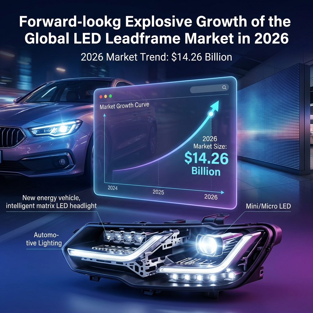 展望2026年全球LED引线框架市场爆发趋势图，显示市场规模预计将达到142.6亿美元，并以新能源汽车智能矩阵大灯和Mini LED商显大屏为例，说明其核心驱动力。