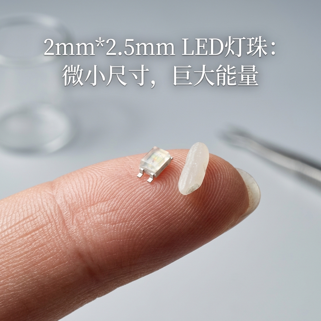 2mm*2.5mm LED灯珠在指尖与大米对比，直观展示其微小尺寸