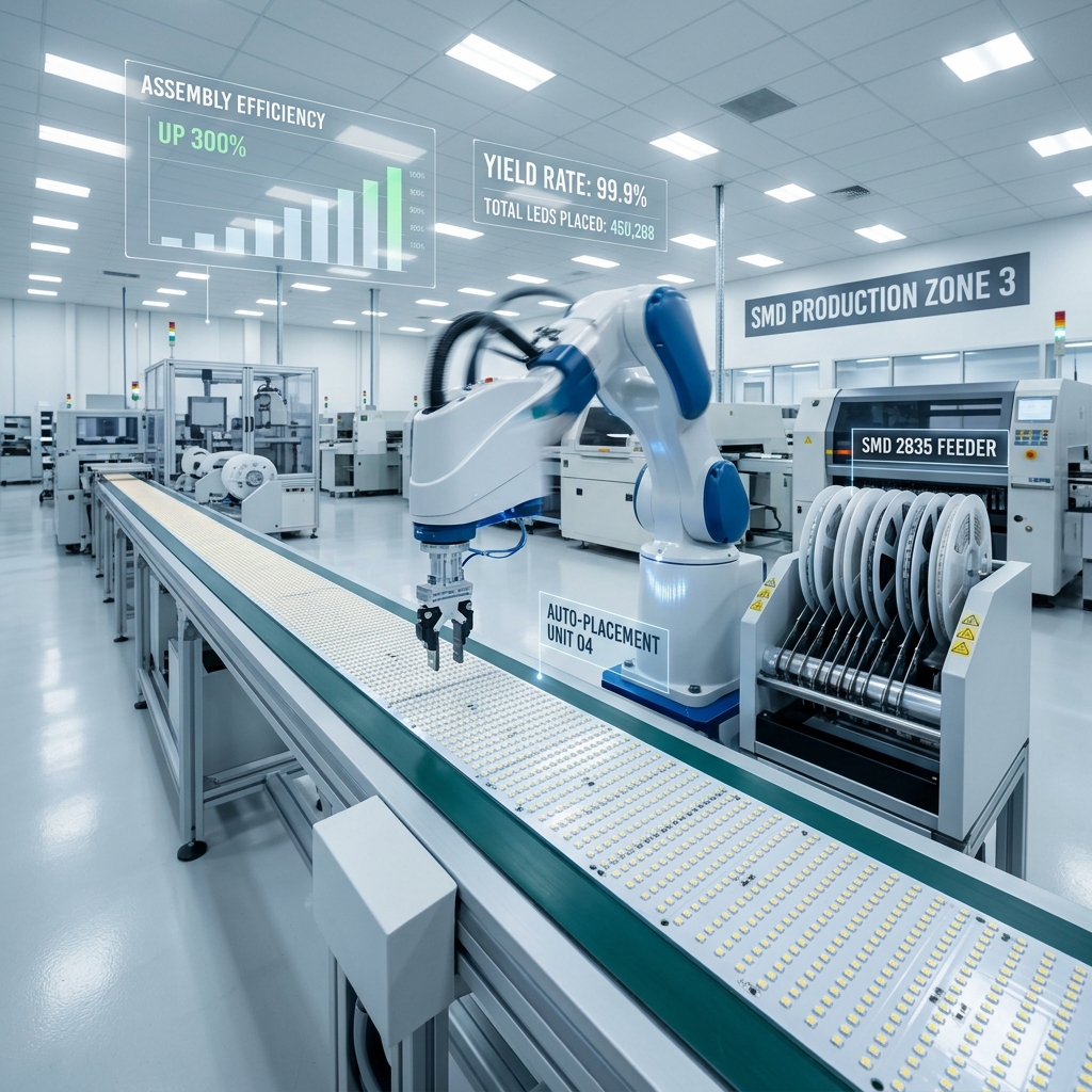 现代LED自动化生产线，展示SCARA插灯珠机器人高速精确地装配SMD 2835灯珠，体现高效与稳定。