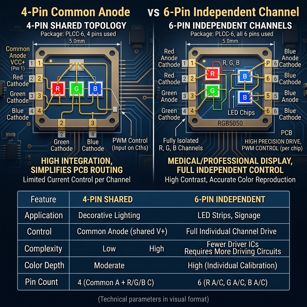 对比4针与6针RGB5050封装的电气架构图，展示4针共极拓扑（高集成度）和6针独立通道拓扑（全独立控制）的内部连接差异。
