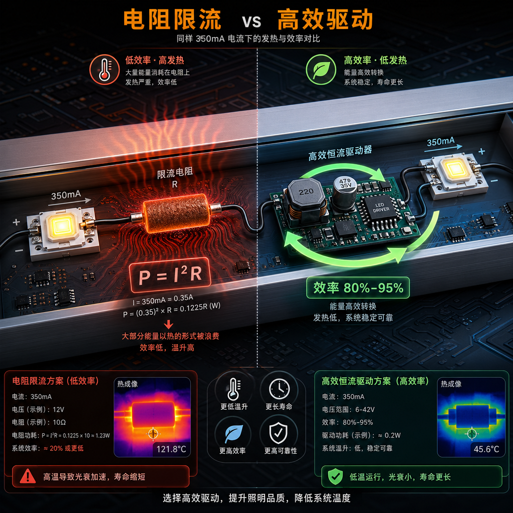 大功率LED照明中，限流电阻（左侧，发红并标注P=I²R）与高效开关型恒流驱动器（右侧，标注效率80%-95%）的热管理与效率对比。电阻方案发热严重，而恒流驱动方案则能有效控制温升并提高效率。