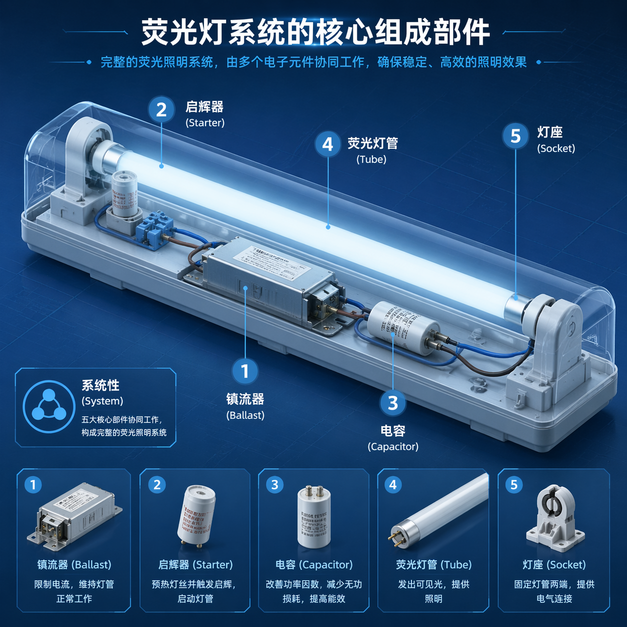 传统荧光灯系统组成示意图，展示镇流器、启辉器、电容、灯管和灯座等核心电子元件。