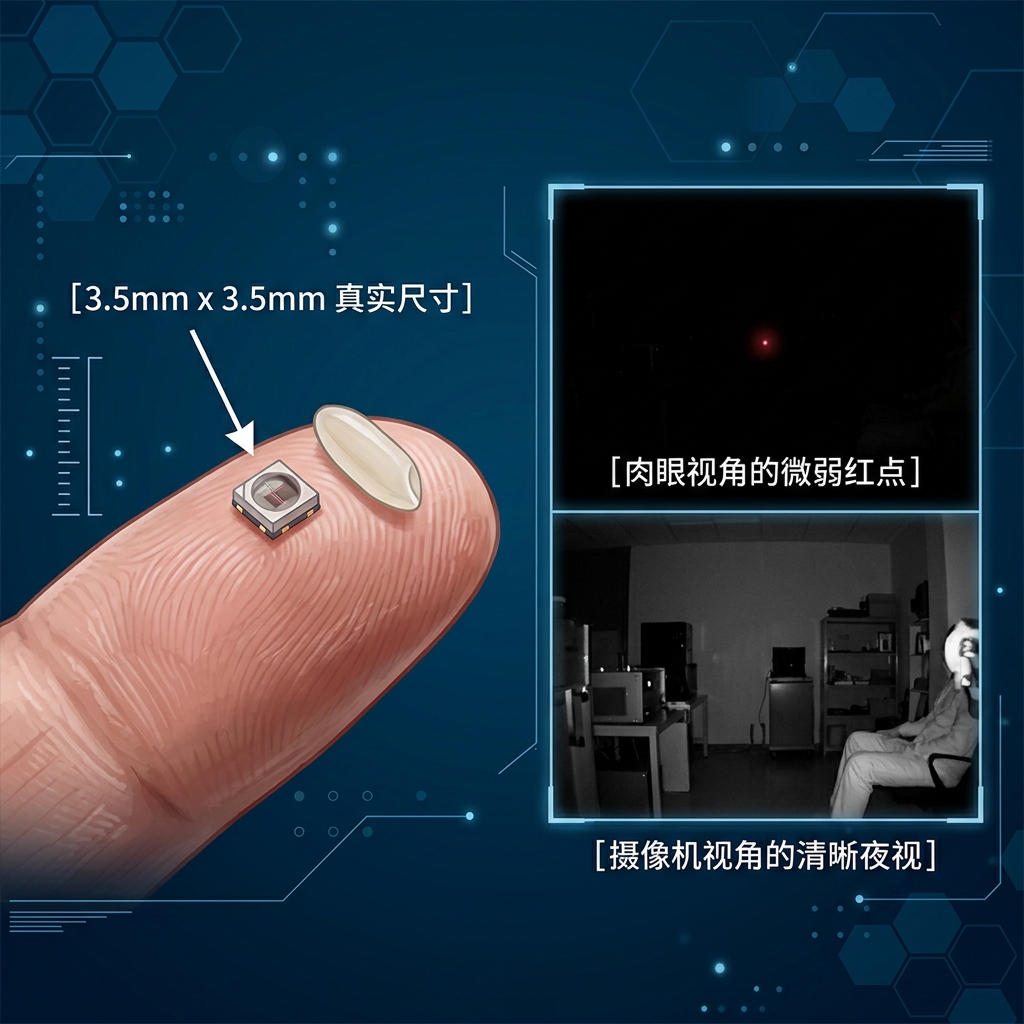 一张插图，展示3535红外灯珠的微小尺寸（与指尖和半粒大米对比）以及人眼（微弱红点）与红外摄像机（清晰夜视）在黑暗中对其发光的感知差异。