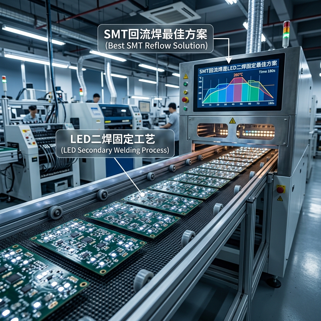 现代化SMT回流焊生产线，展示LED二焊固定工艺和温度曲线，强调其为最佳方案