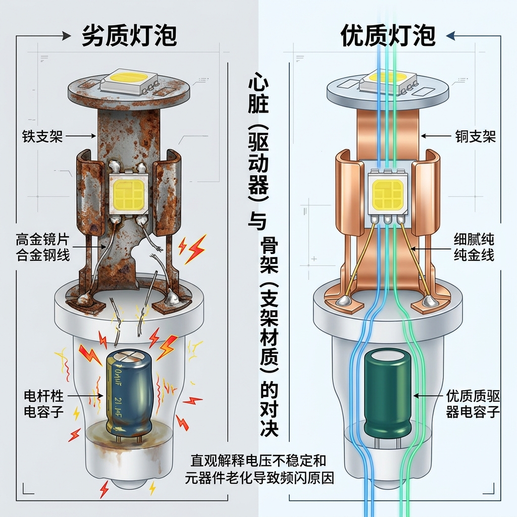 对比图：左侧为劣质LED灯泡内部生锈的铁支架、断裂的合金线和鼓包的驱动电容；右侧为优质LED灯泡内部光亮的紫铜支架、纯金线和完好的驱动电容，揭示内部元器件质量对灯光闪烁的影响。