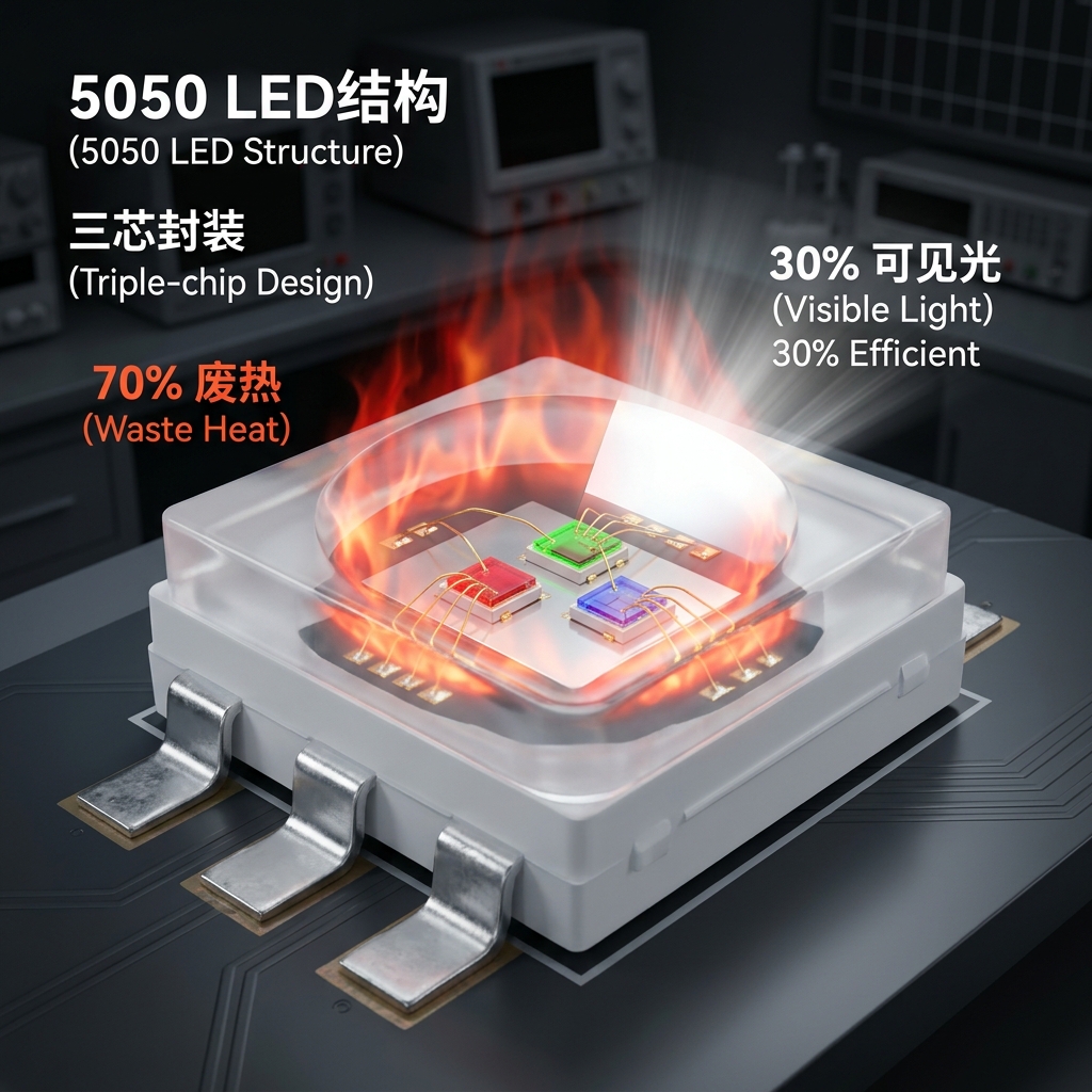 一张宏观特写图展示5050 LED灯珠内部结构，清晰显示3颗芯片，并通过视觉特效标明30%电能转化为可见光，70%转化为废热。