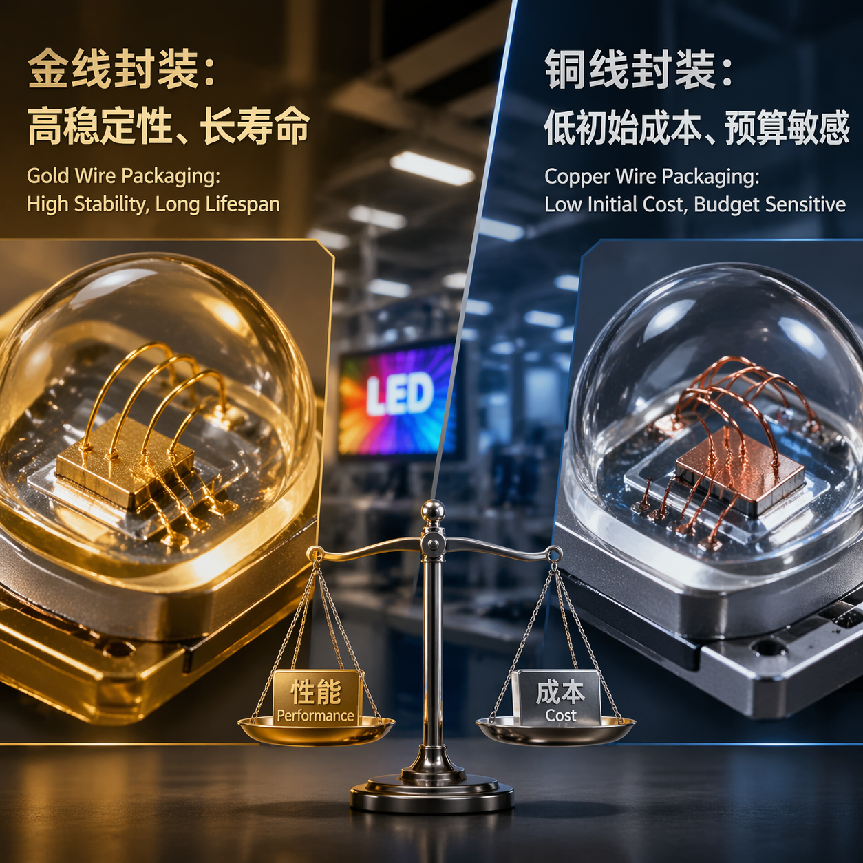 一张对比LED显示屏金线封装和铜线封装优劣的图片。左侧金线封装灯珠特写，标注“高稳定性、长寿命”；右侧铜线封装灯珠特写，标注“低初始成本、预算敏感”，展现两者在成本与性能上的权衡。