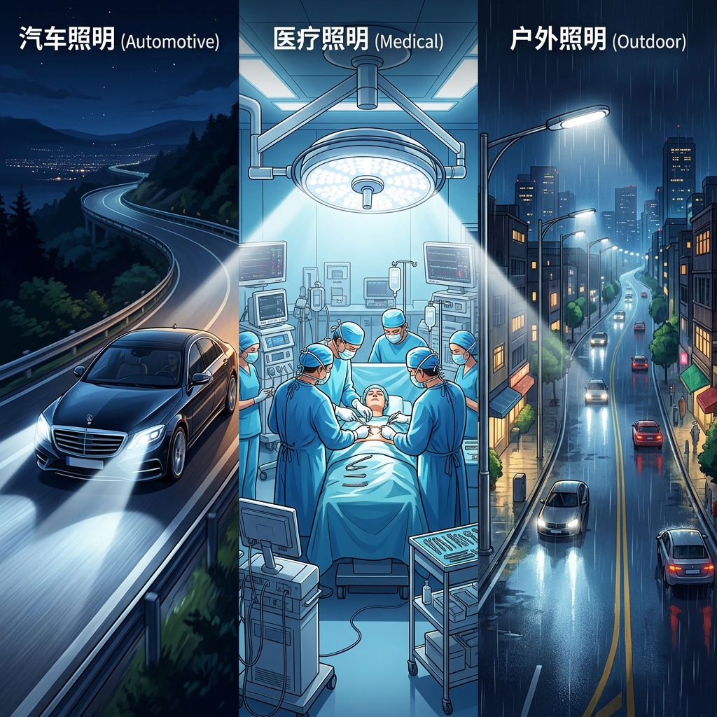 低压陶瓷灯珠在户外路灯、汽车大灯和医院手术室等高要求场景中的广泛应用。