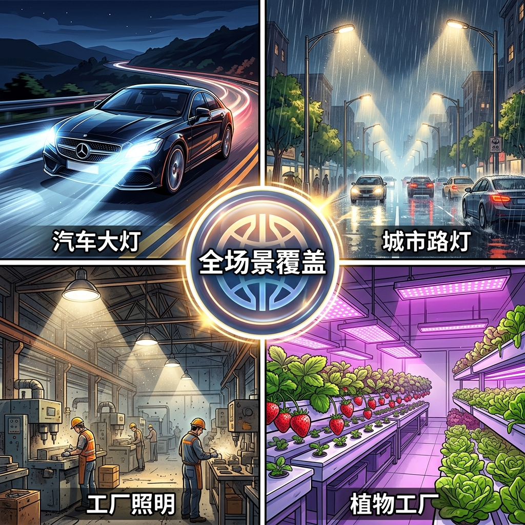 照明用陶瓷灯珠在汽车大灯、城市路灯、工厂照明和植物工厂等多种复杂环境下的应用场景图。