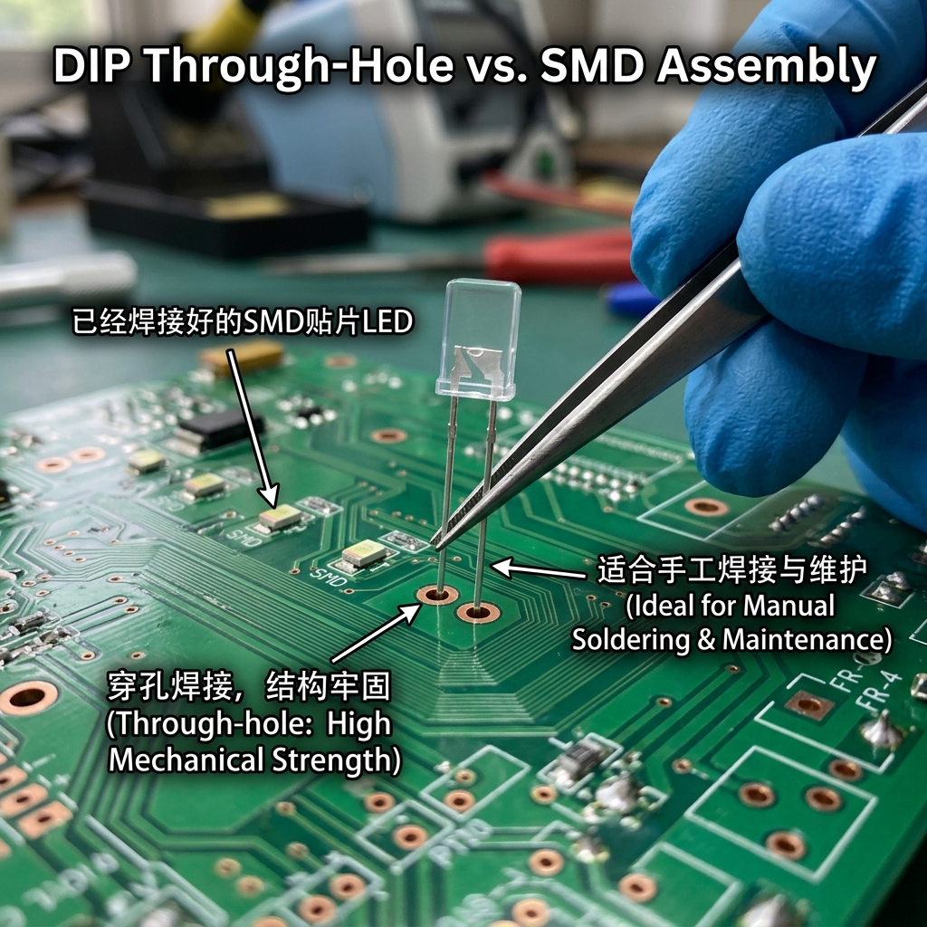 扁平直插式LED灯珠通过穿孔焊接安装到PCB上，与SMD贴片式形成对比，展示其牢固性和易于手工焊接的特点