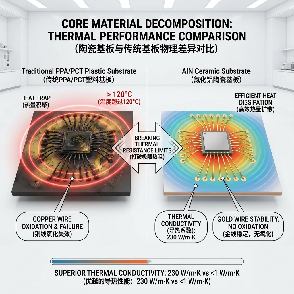 传统塑料基板与氮化铝陶瓷基板的高温对比图,左侧显示塑料基板热量积聚碳化,右侧展示陶瓷基板高效散热与金线抗氧化性能。