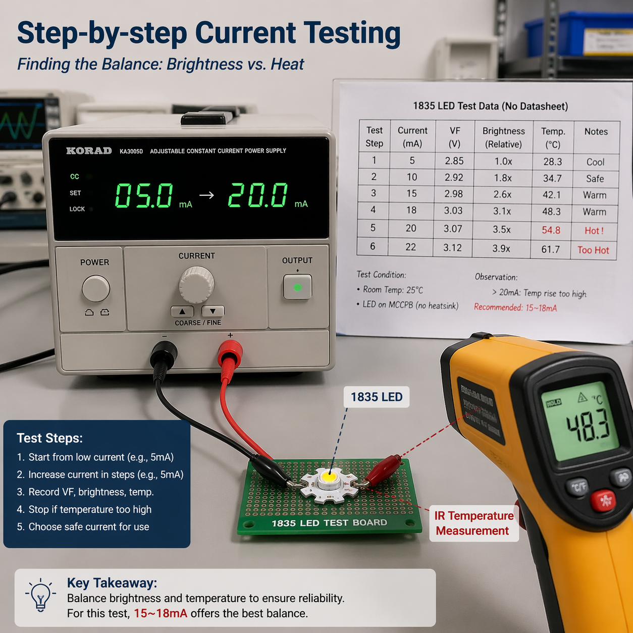 1835 LED芯片能过多大电流？电流范围、测试与选型判断