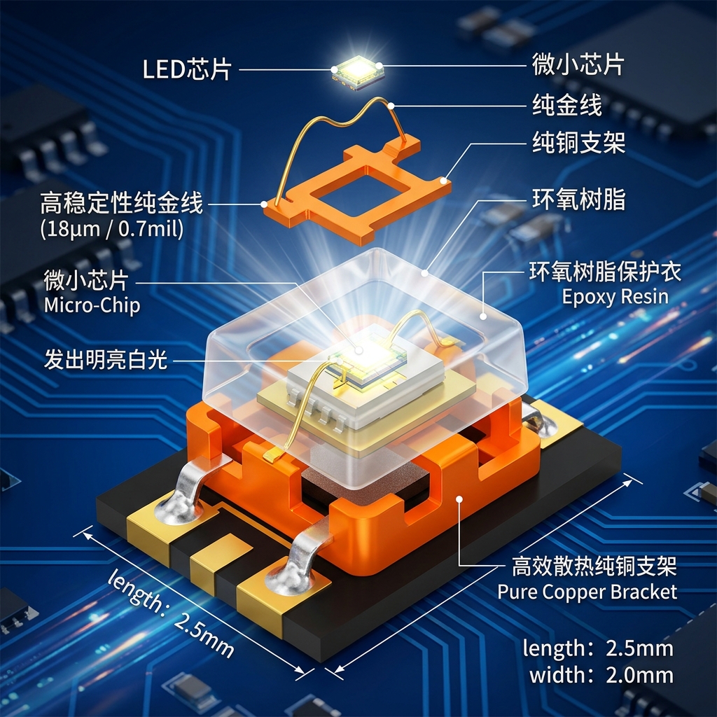 2mm*2.5mm LED灯珠内部结构3D解析图，展示核心发光芯片、纯金线与纯铜支架