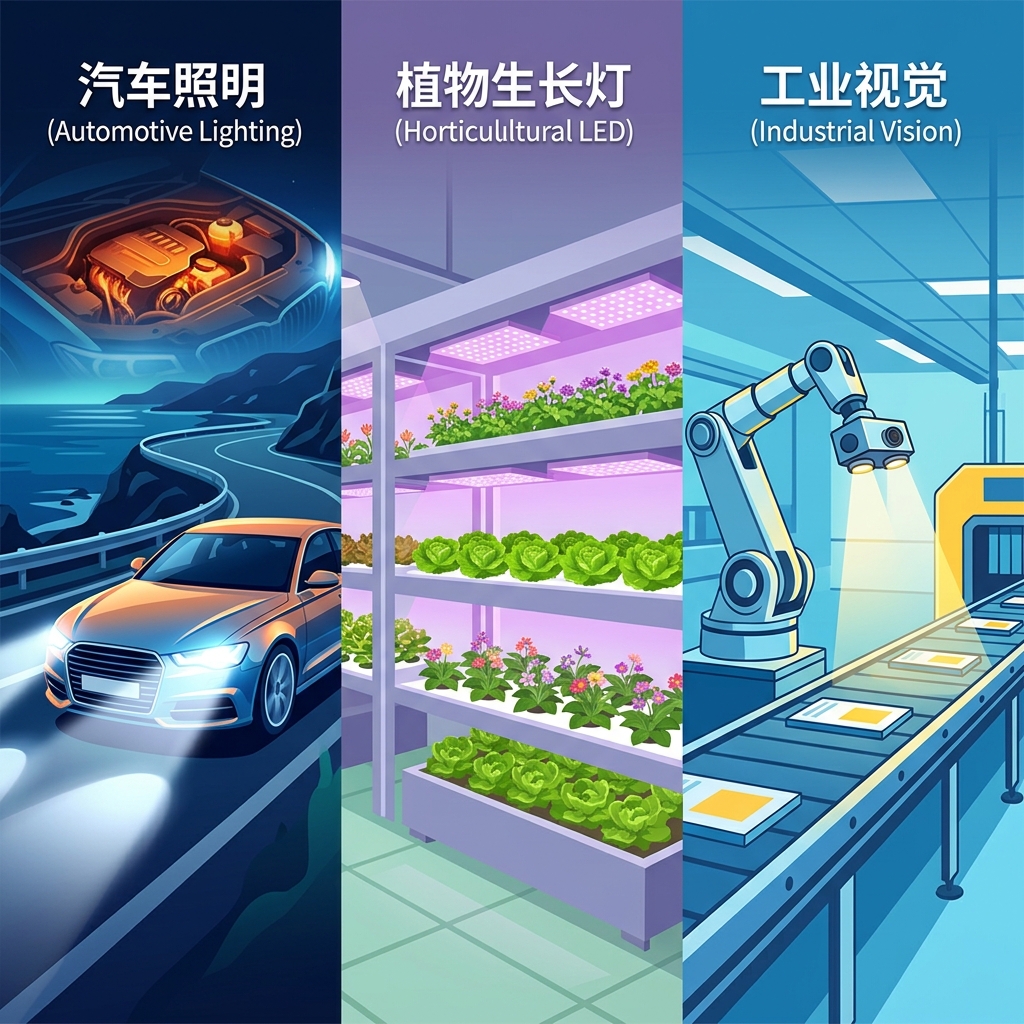 定制陶瓷灯珠在汽车照明、植物生长和工业视觉领域的应用场景图，展示其在高温、特定光谱和高精度要求下的出色表现。