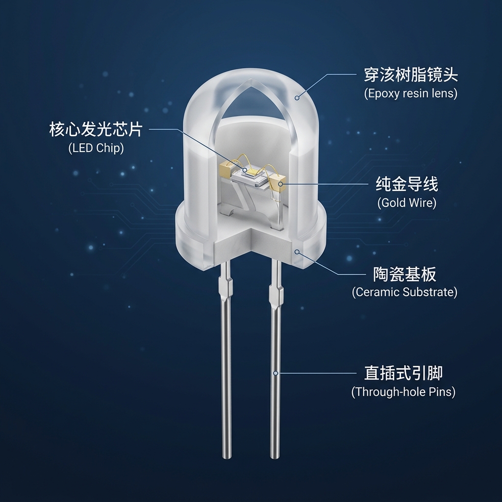 直插式陶瓷灯珠内部结构3D剖析图，展示核心发光芯片、纯金导线、陶瓷基板和环氧树脂透镜