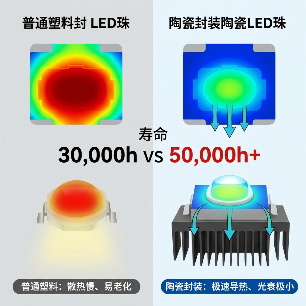 陶瓷灯珠与普通塑料灯珠散热及光衰性能对比图：展示陶瓷封装极速导热、光衰极小，而塑料封装散热慢、易老化。