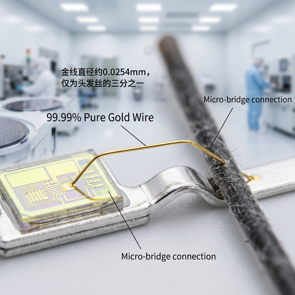LED灯珠内部的微观结构，展示99.99%纯金线作为发光芯片与支架之间的“微型桥梁”，其直径约为头发丝的三分之一，凸显了封装的精密性。