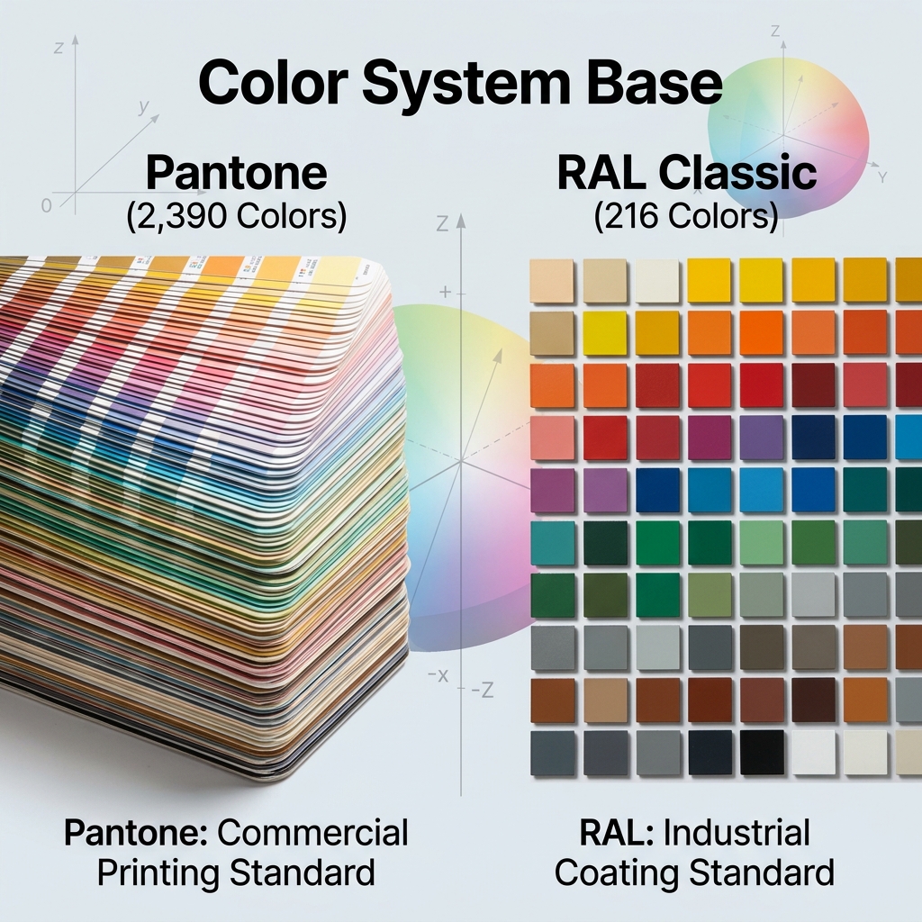 信息图表对比潘通（2,390色）与RAL Classic（216色）两大色彩体系，强调其数量与应用标准的差异。
