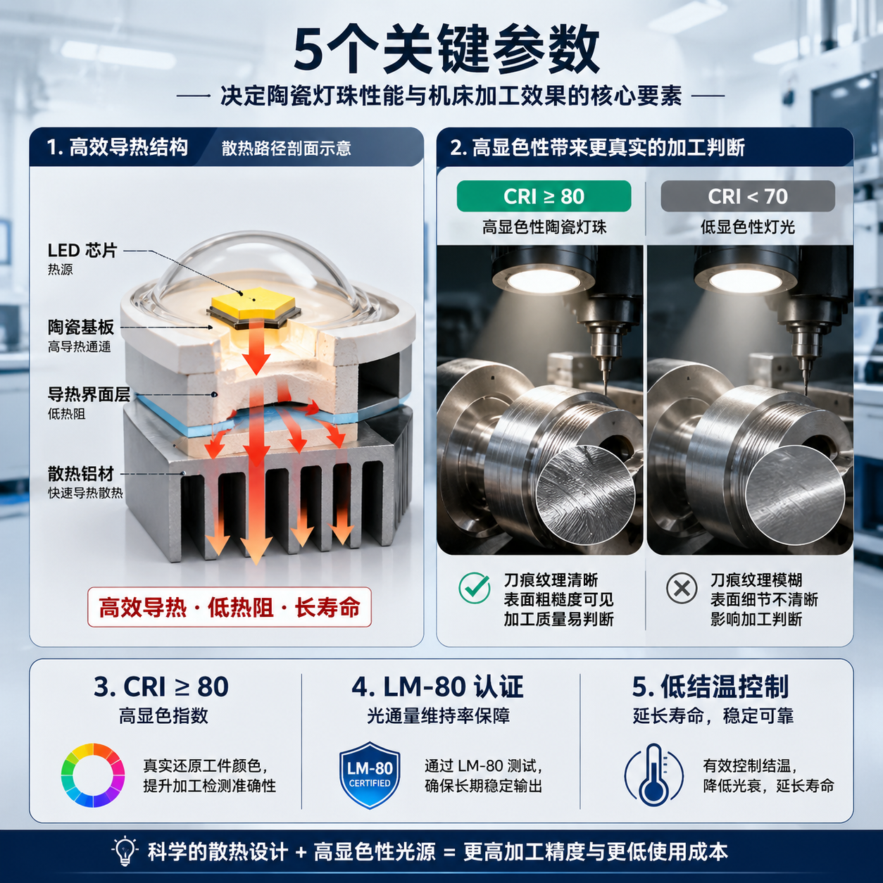 一张技术解析示意图，左侧展示陶瓷灯珠从芯片到基板再到散热铝材的高效导热路径，右侧对比高显色指数（CRI≥80）灯光下清晰可见的金属工件细节与低显色性下的模糊效果，并标注关键参数：CRI≥80、LM-80认证、低结温控制。