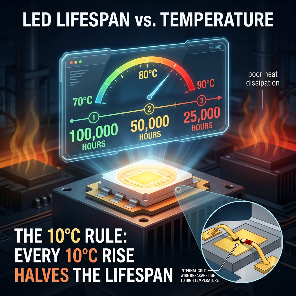 一张科学示意图，解释LED灯珠寿命与温度的关系，强调'温度每升高10°C，寿命减半'的规则，并展示高温导致内部金线断裂的后果。