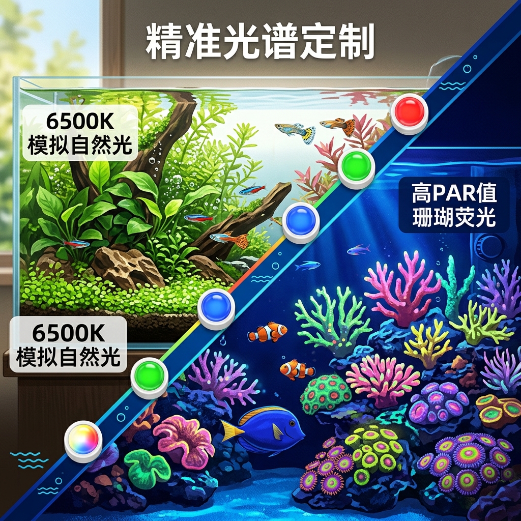 一张拼图展示了淡水水草缸在6500K模拟自然光下水草茂盛,以及珊瑚盐水缸在高PAR值蓝光下珊瑚呈现荧光,突出水族灯陶瓷灯珠的精准光谱定制能力