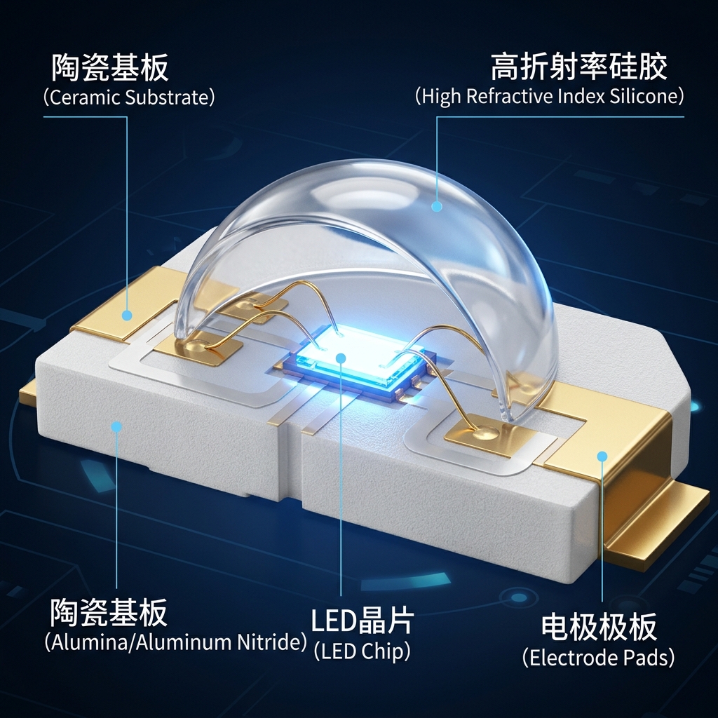 高压陶瓷灯珠核心构造剖面示意图，展示陶瓷基板、LED晶片、纯金线和高折射率硅胶。