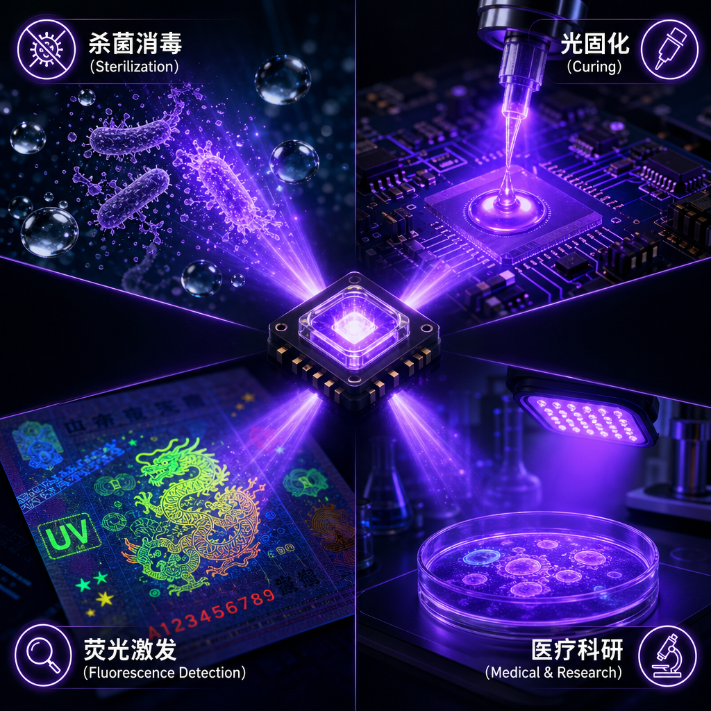 一张科技感首图，展示UV LED芯片及其四大核心功能：UV-C杀菌消毒，UV-A光固化，荧光激发检测，以及医疗与科研辅助。