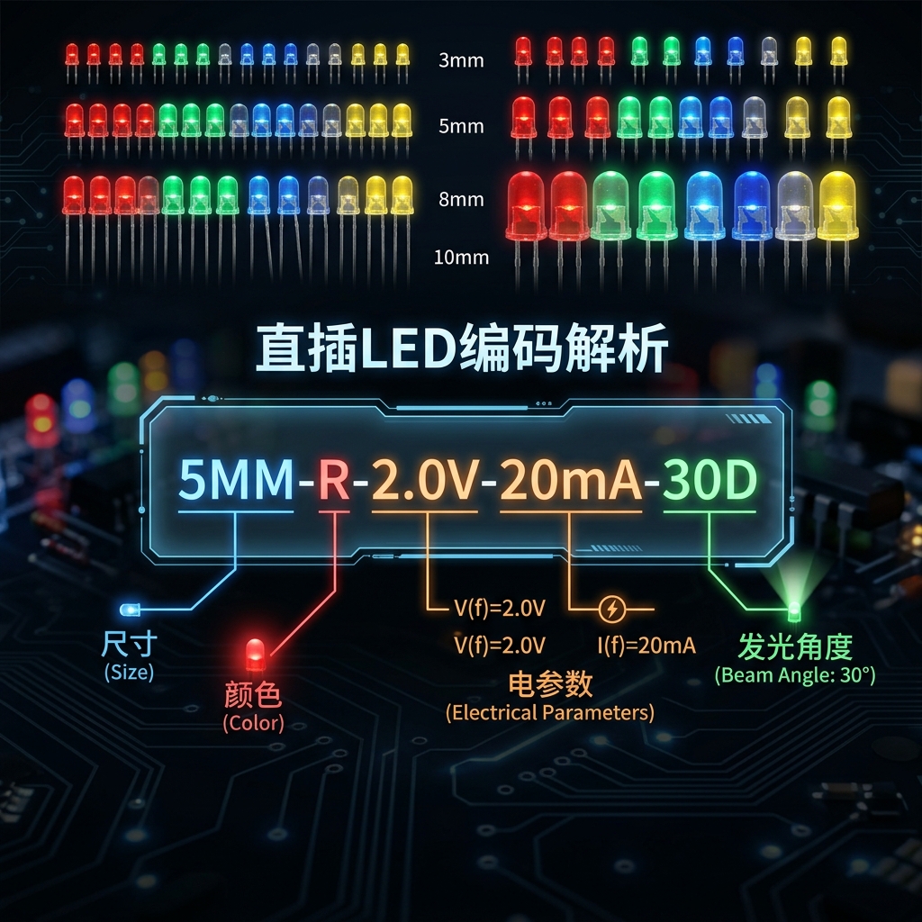 直插LED编码解析示意图，展示3mm、5mm等不同尺寸灯珠，并拆解了'5MM-R-2.0V-20mA-30D'等典型编码的尺寸、颜色、电压电流及发光角度含义。