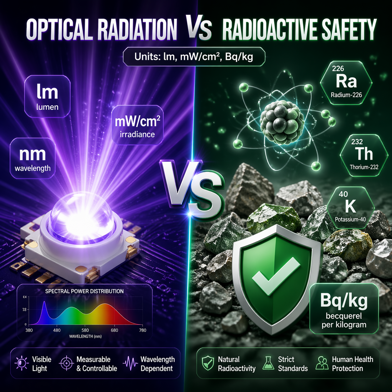 一张对比图，左侧为发光陶瓷LED灯珠发出可见光和紫外光，标注光学辐射单位lm、mW/cm²、nm；右侧为原子结构和矿物纹理，标注放射性核素226Ra、232Th、40K和安全单位Bq/kg，清晰区分光学辐射与放射性安全概念。