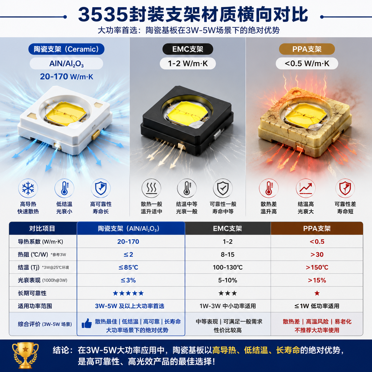 3535灯珠封装支架材质对比信息图,显示陶瓷、EMC和PPA支架的导热性能及外观差异