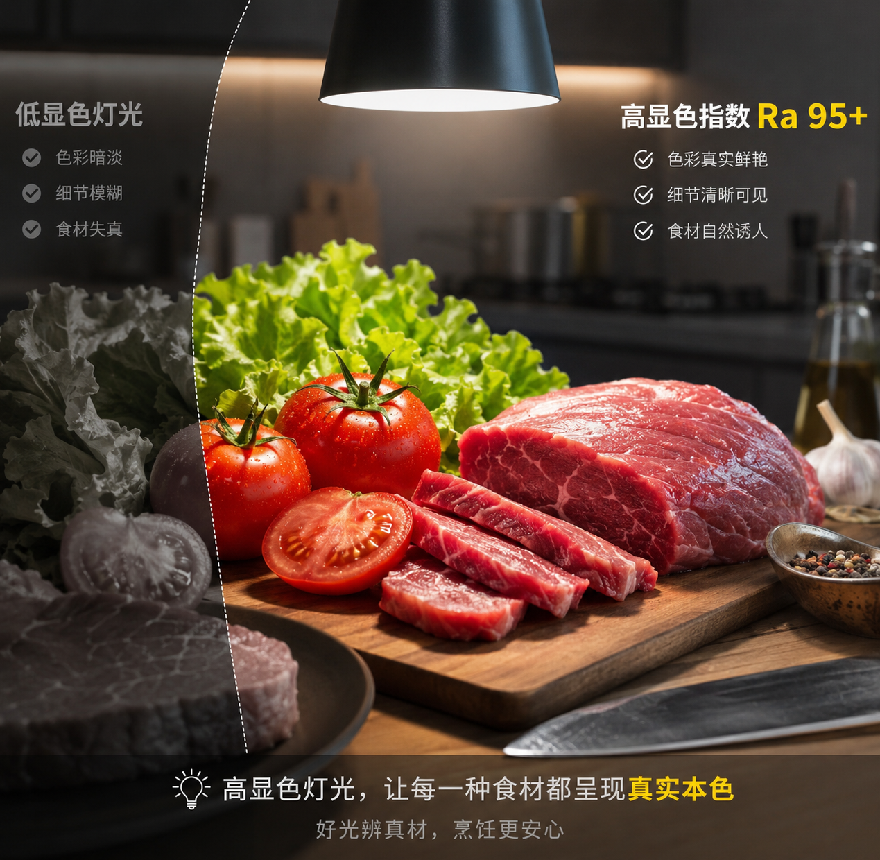 厨房照明示意图：高显色指数灯光下，番茄、生菜和牛肉色彩鲜艳真实；低显色区域食材则显得暗淡，强调厨房照明中辨色对食材判断的重要性。