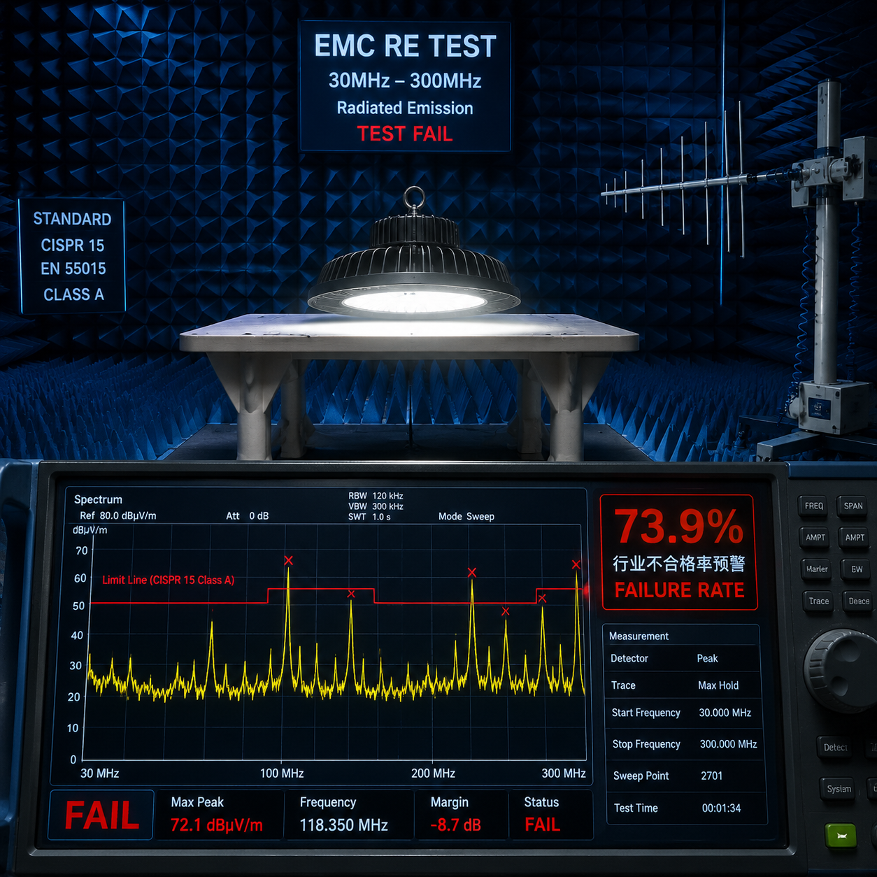 在EMC全电波暗室中进行的LED灯具辐射发射(RE)测试,频谱分析仪显示30MHz-300MHz频段辐射超标,屏幕上标注73.9%行业不合格率预警,直观展现产品EMC测试失败的典型场景。