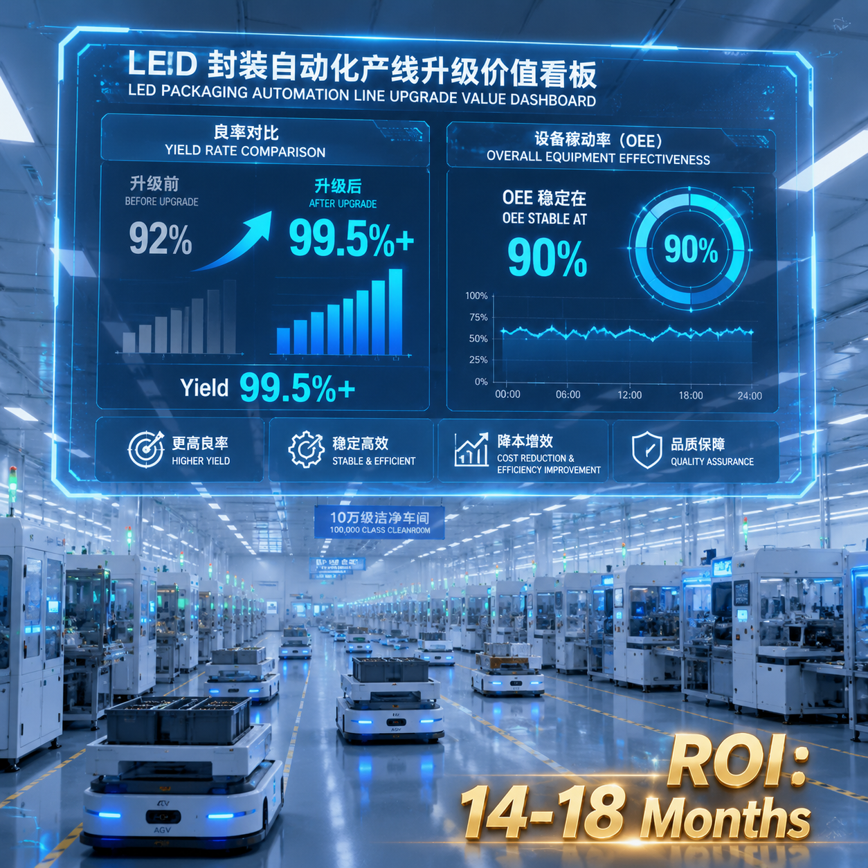 LED自动化产线综合看板，显示良率99.5%+，设备稼动率OEE 90%，投资回报率ROI 14-18个月