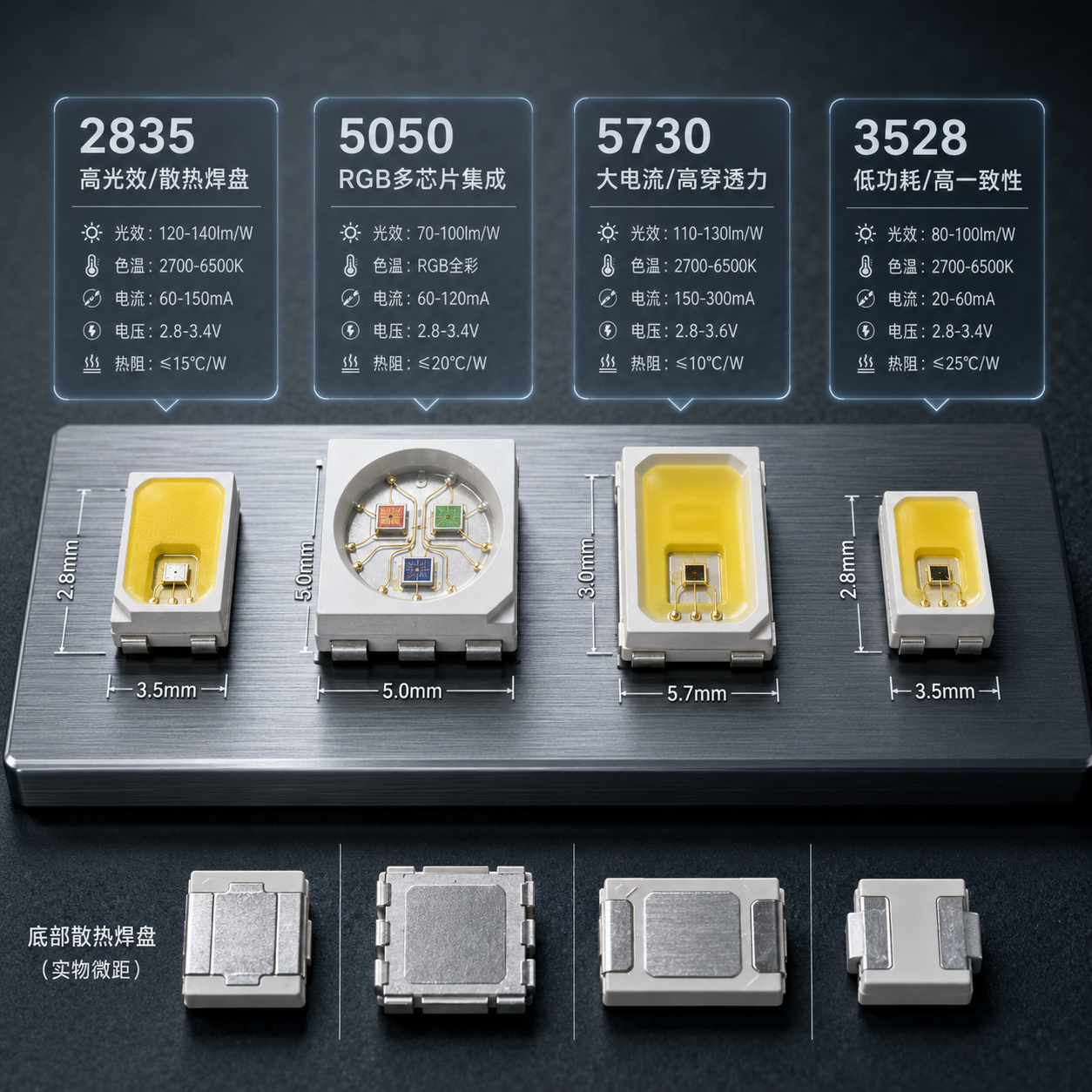 2835、5050、5730、3528四大主流LED灯珠规格微距对比图，展示其物理尺寸与核心参数