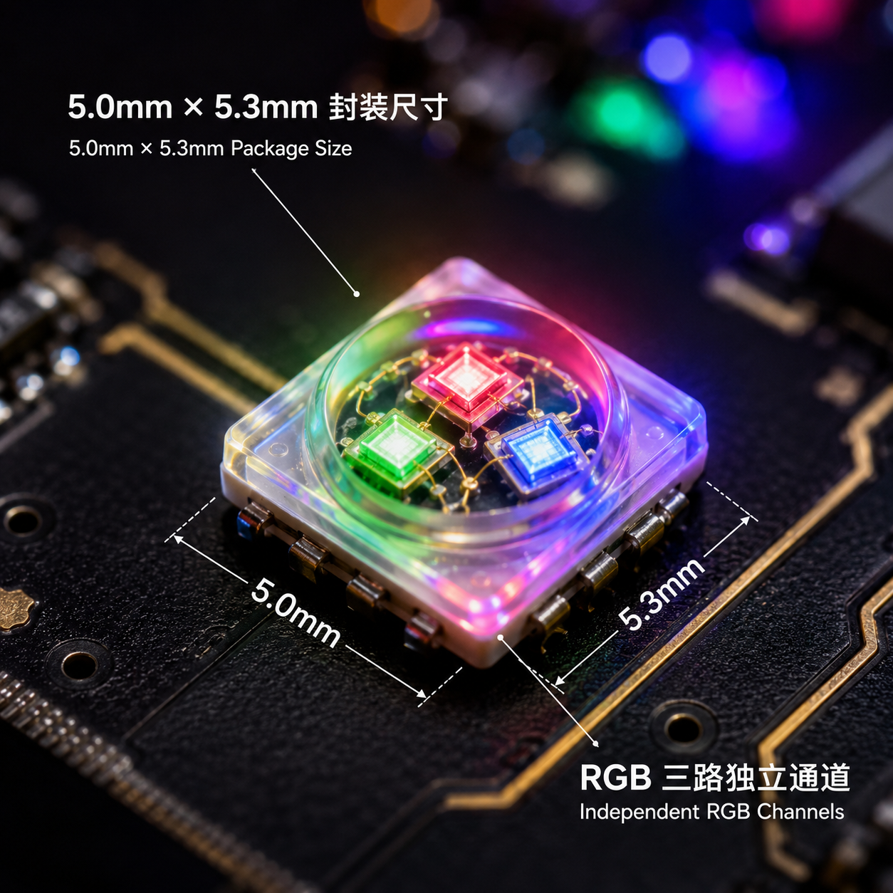 一张微距照片展示了5053 RGB贴片LED灯珠的内部结构,清晰可见红、绿、蓝三颗发光芯片及其5.0mm × 5.3mm的封装尺寸,突出其全彩显示与集成特性。