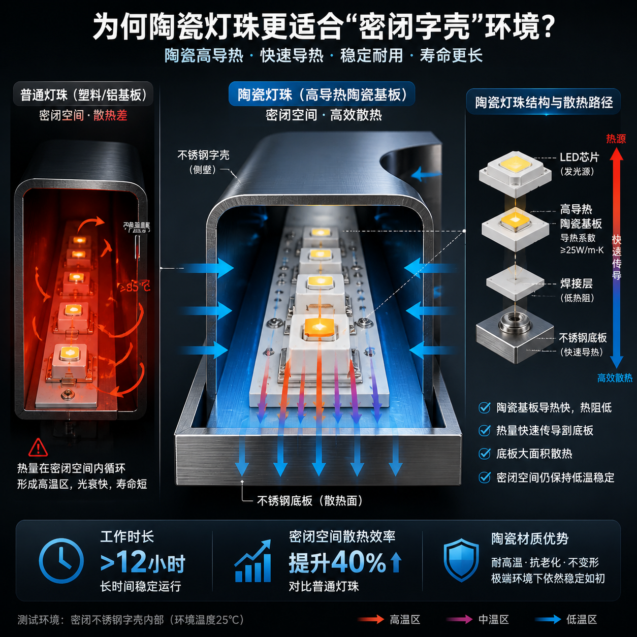 陶瓷灯珠在密闭字壳发光字内部的散热原理图，对比普通灯珠在狭小空间内的热量积聚问题，强调陶瓷基底的高效导热能力。
