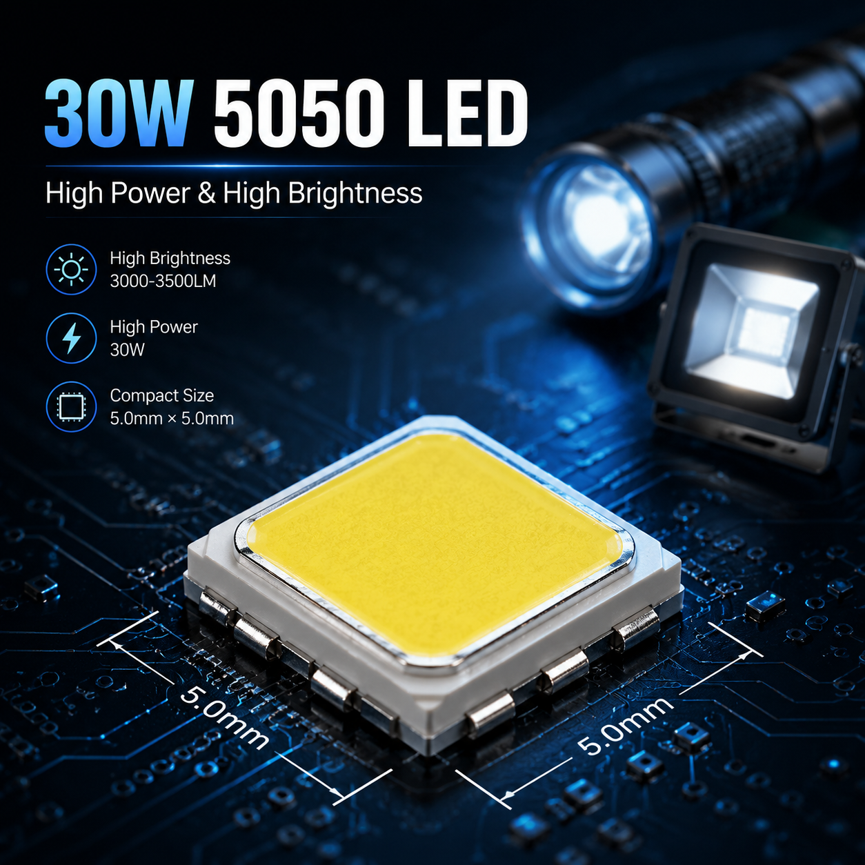宏观特写：一颗30W 5050高功率LED灯珠，展示其精密结构和高亮度特性，背景虚化显示强光手电和投光灯轮廓，暗示其应用场景。