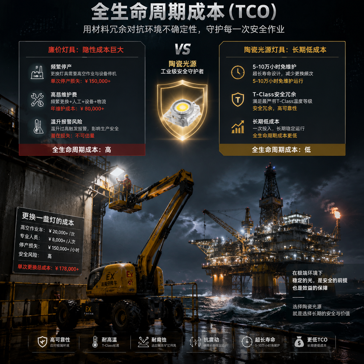 深海钻井平台上的高空升降车正在进行维保作业,此图通过成本对比模型展示,尽管陶瓷灯珠初期成本较高,但其5-10万小时免维护特性,在全生命周期内(TCO)远低于频繁维护的廉价方案。