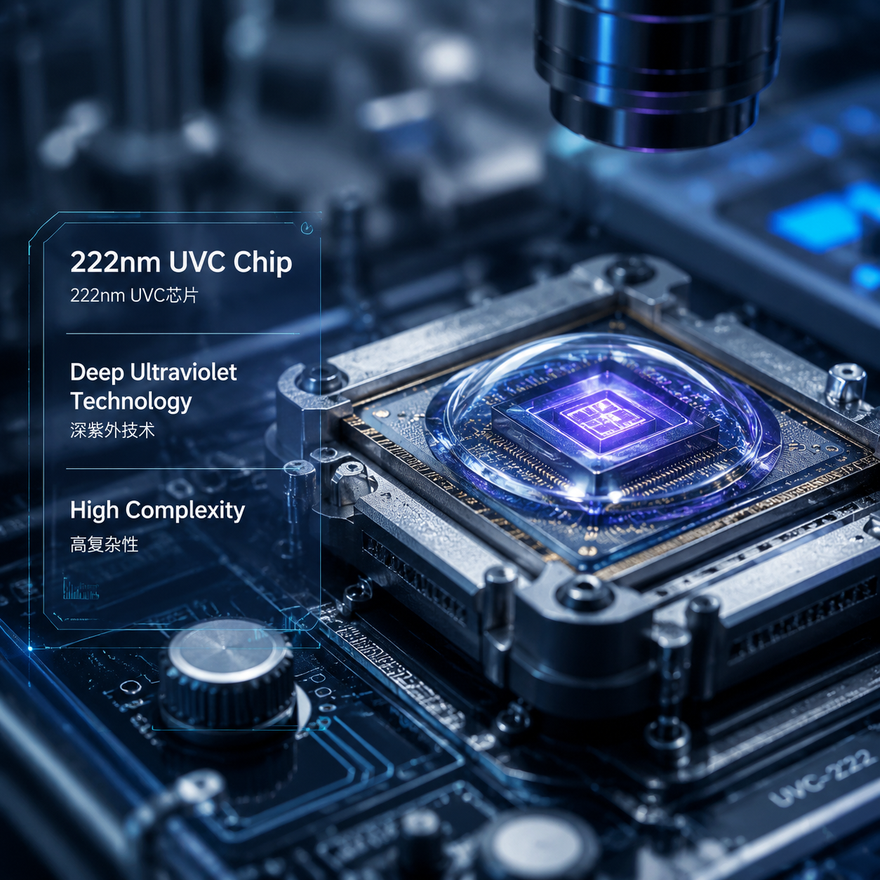 一张特写镜头下的222nm UVC芯片,展现其封装和微电路结构,背景模糊的洁净室设备暗示高技术门槛,直观呈现深紫外技术的复杂性。