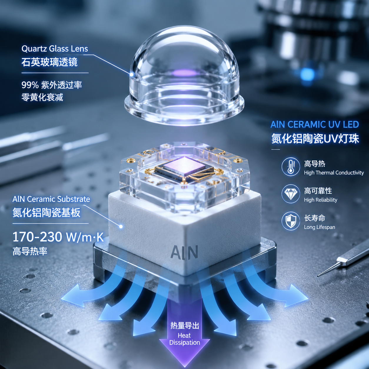 一颗工业级氮化铝陶瓷UV LED灯珠的结构分解图,展示其高导热率的氮化铝基板和高紫外透过率的石英玻璃透镜,强调高效热管理和抗老化性能。