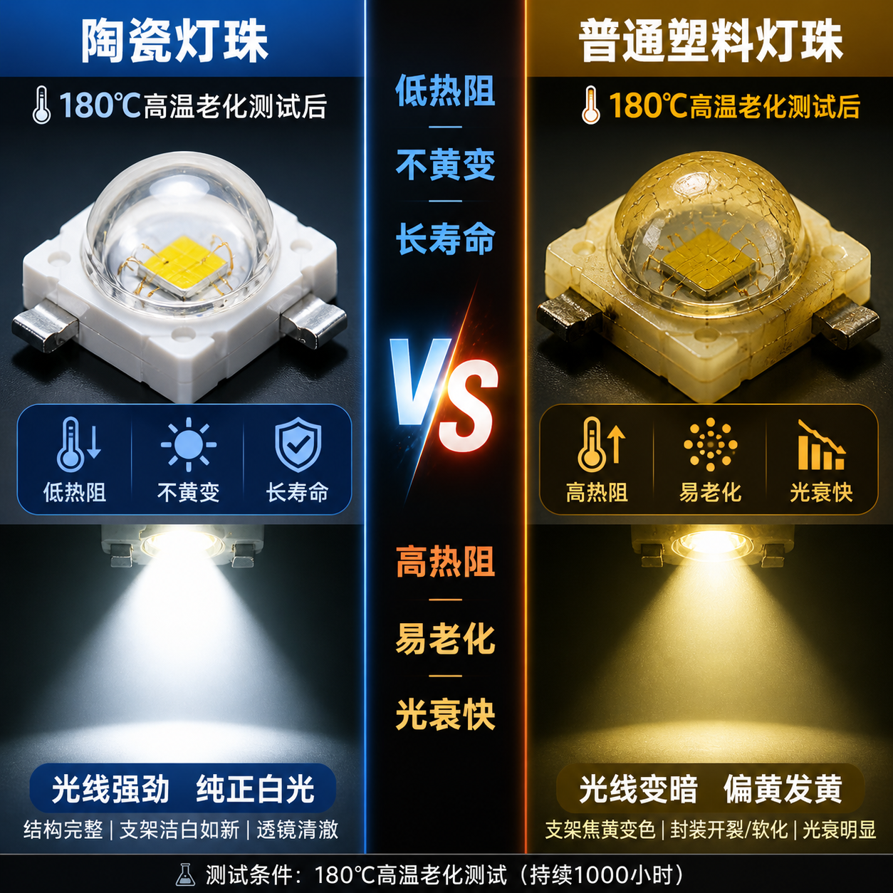 左右对比图展示耐高温陶瓷灯珠与普通塑料灯珠在180°C高温老化测试后的差异：陶瓷灯珠保持完整和亮度，塑料灯珠则出现黄变、光衰和变形。