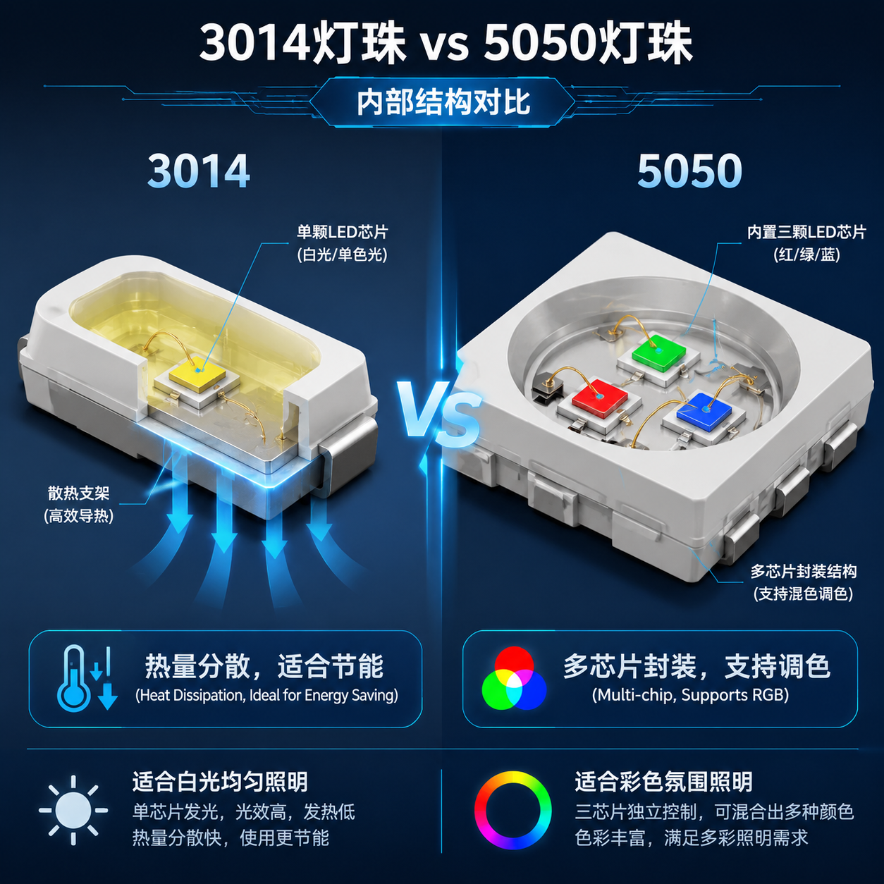 3014灯珠与5050灯珠内部结构示意图，展示3014单芯片热量分散的节能特性和5050多芯片封装支持RGB调色的结构