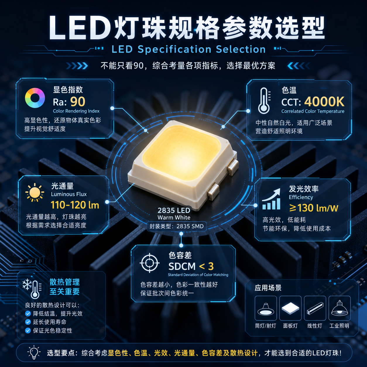 LED灯珠Ra90选型参数分解图，强调除Ra外还需关注色温、光通量和色容差等
