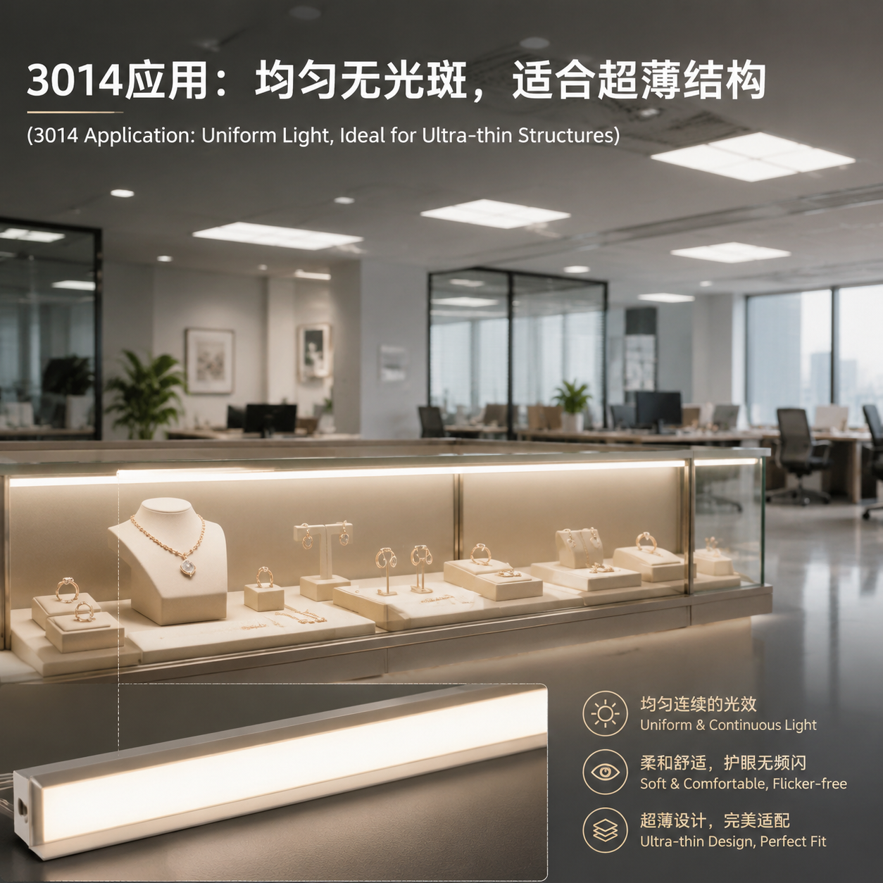 3014灯珠在珠宝柜台超薄灯箱中的应用示例，展示其均匀柔和无光斑的照明效果和对超薄结构的支持