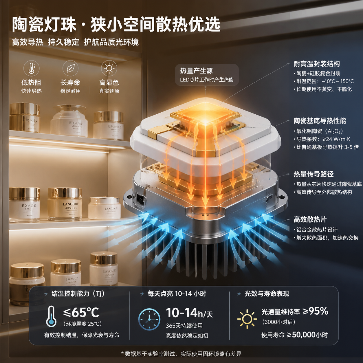 陶瓷灯珠散热优势3D剖面图：展示热量从LED芯片通过高导热陶瓷基底迅速传导至外部，有效控制结温，确保即使在狭窄展柜内长时间运行，仍能保持稳定光输出和色彩准确性。
