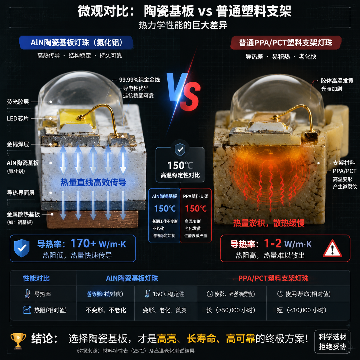 微观对比图显示,氮化铝陶瓷灯珠(左)以其高达170+ W/m·K的导热率实现热量瞬时导出;而普通塑料支架灯珠(右)导热率仅1-2 W/m·K,易导致热量淤积与胶体发黄。